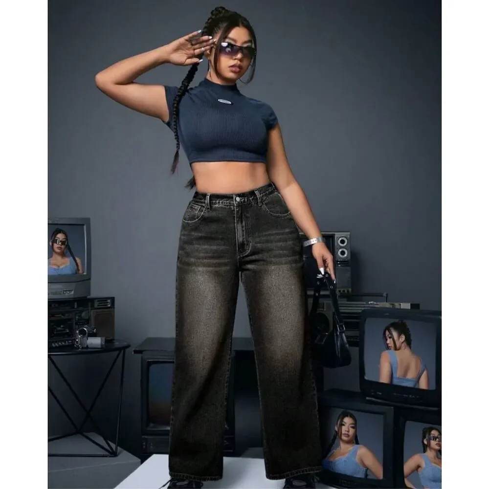 New SHEIN CURVE BLACK WIDE LEG JEANS 1x - Picture 3 of 9